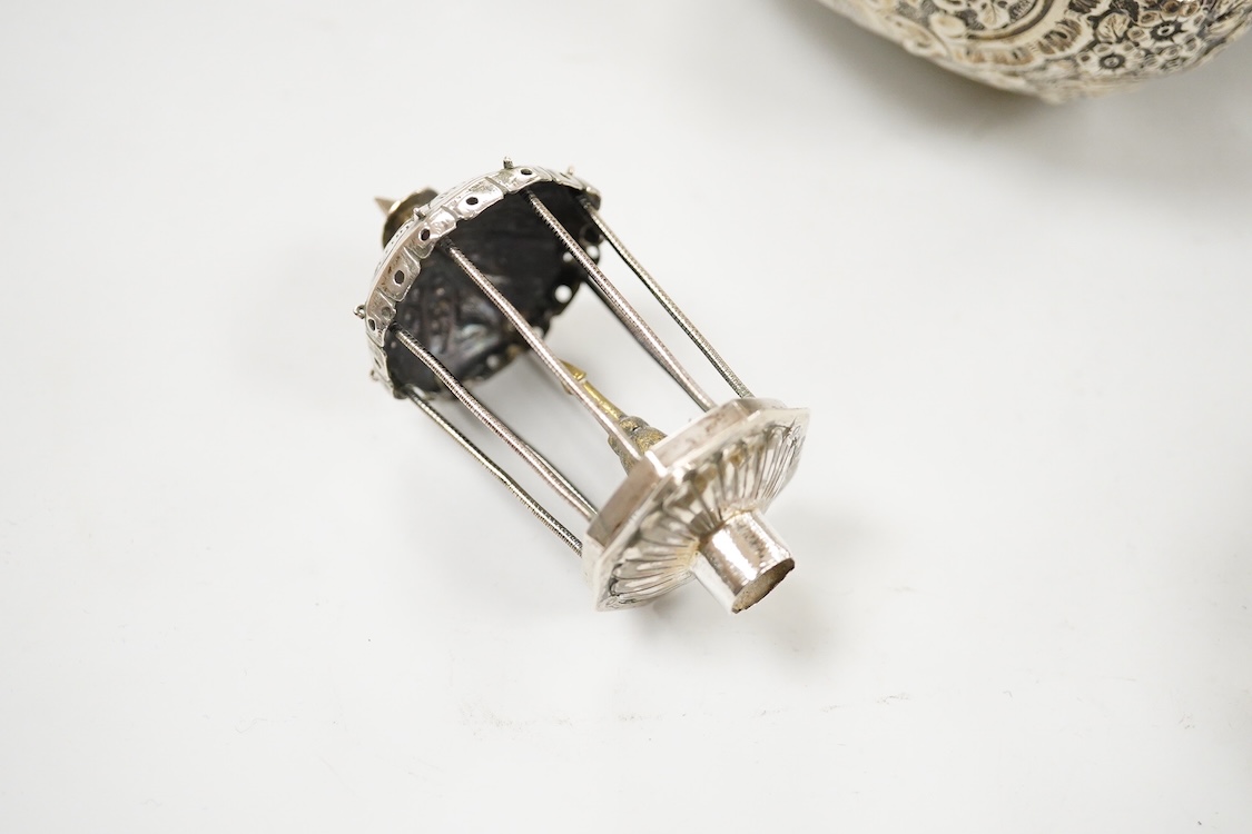 A George V engraved silver rectangular tea caddy, by Nathan & Hayes, Chester, 1913, 81mm, together with an Edwardian repousse silver mounted ring box by Nathan & Hayes, Chester, 1905, a Scottish silver and tortoiseshell